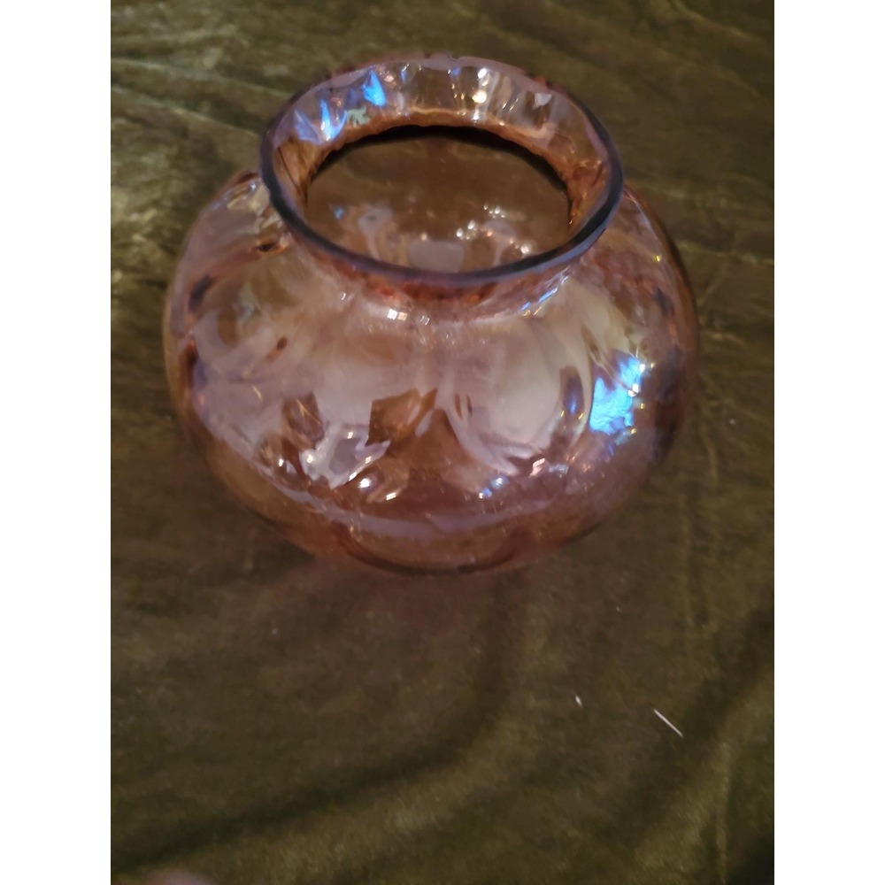 MCM Iridescent Amber Glass Vase Round Thumbprint Design Decorative Bowl